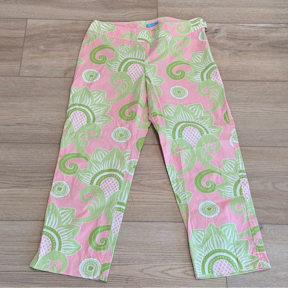 J. McLaughlin Pink Green Floral Patterned Cotton Stretch Cropped Pants Sz 2 EUC